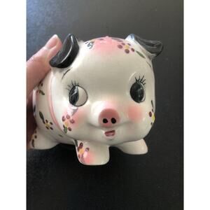 VTG RELCO Japan Piggy Bank 1950s Flower Pig Big Eyes Anthropomorphic Pink Ribbon